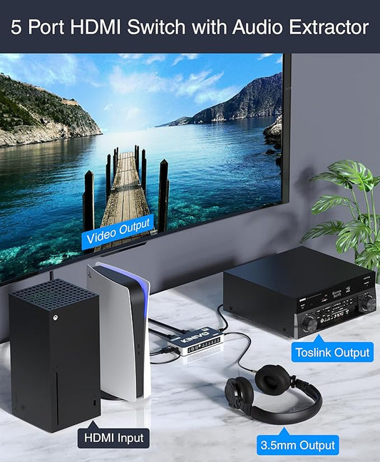 Kinivo HDMI Switch with Audio Extractor 560BNT (5 in 1 Out Hub, Toslink Optical Audio Port, SPDIF, 4K 60Hz Switcher, 18Gbps, IR Remote) - Compatible with Gaming Console, Cable TV, PC, Dolby Digital
