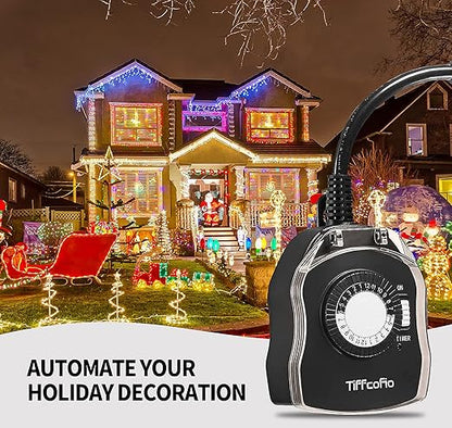 TiFFCOFiO Outdoor Timer Outlet for Lights, 24 Hour Mechanical, Outdoor Light Timer Waterproof, 2 Grounded Outlets for Home and Garden, 15A 1/2HP, Heavy Duty, CSA Listed (2 Pack)
