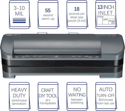 SINCHI 13-Inch Thermal Laminator & Foil Applicator, 3–10 Mil, 4-Roller, 55s Warm-Up, 18 seconds/page, Auto Shutoff, Commercial-Grade Laminating Machine with 10 Pouches for Office, School, Crafts & DIY