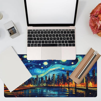 Eflxamz Desk Pad,City Starry Night Desk Mat,Abstract Oil Painting Large Gaming Mouse Pad for Desk,Extended Big Computer Keyboard Mouse Pad with Non-Slip Base and Stitched Edge,35.4"x15.7"