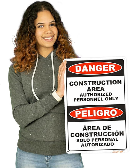 Brimar - 12" x 18" - Bilingual Danger Construction Area Authorized Only Sign - .063″ White Rust-Free Aluminum - Bold Text And Symbol - Easy Installation