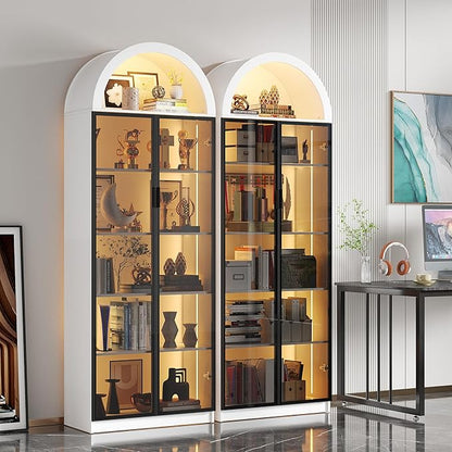 Dystler Display Cabinet with Doors and Adjustable Shelves, 76" Tall Display Case with LED Lights/Arch Storage Space, 6 Tier Bookcase for Collectibles Bedroom Living Room Office, White