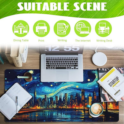 Eflxamz Desk Pad,City Starry Night Desk Mat,Abstract Oil Painting Large Gaming Mouse Pad for Desk,Extended Big Computer Keyboard Mouse Pad with Non-Slip Base and Stitched Edge,35.4"x15.7"