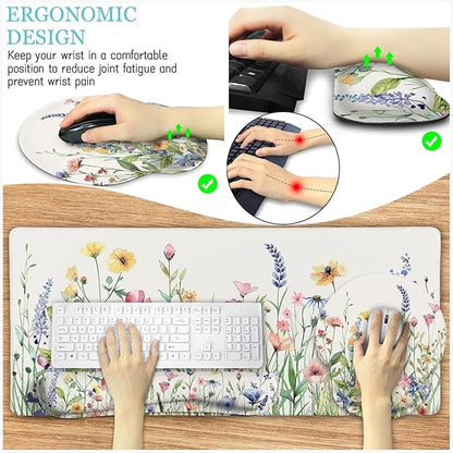 LIMKRIAN Flower Mouse Pad Set Large Desk Matt for Desktop, Ergonomic Mouse Pad with Wrist Rest, Gaming Wrist Support Keyboard Mat Cup Coaster Set Cute Office Desk Decor Accessories