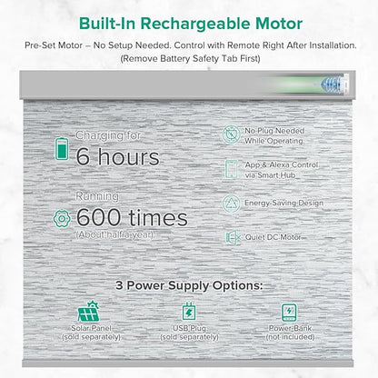 Kilonity Motorized Roller Shades, Light Filtering Remote Control Custom Window Shades Compatible with Alexa Google Assistant via RF Hub, Rechargeable Electric Blinds for Windows (Texture Grey)