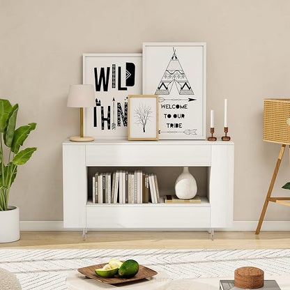 Vavkorkula TV Stand for 55 Inch with 2 Large Drawers & Hidden Storage Cabinets, Modern Farmhouse Entertainment Center Television Stands for Living Room Bedroom, White