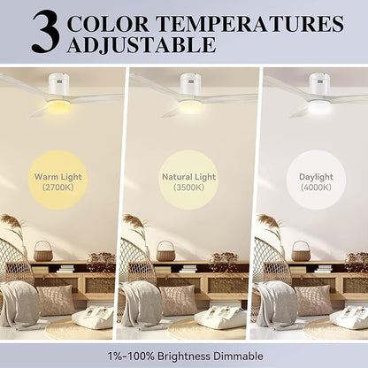 SMAAIR 52 Inch Flush Mount Smart Ceiling Fan with Dimmable Led Light, 3 Carved Wood Blades Modern Low Profile Ceiling Fans Compatible with Alexa,Remote Control,Timer & Schedule Function,White