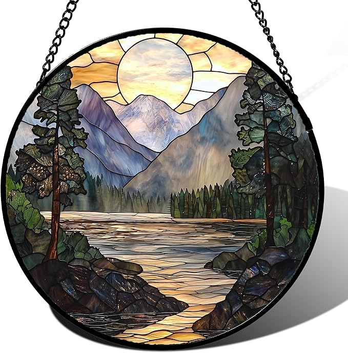AMDERVEN Stained Glass Window Hanging, Sunset Mountains Lake Tree Sun Catcher for Window Home Decor Landscape Suncatcher Mother's Day Birthday Gifts for Women Men Mom and Nana 15 in