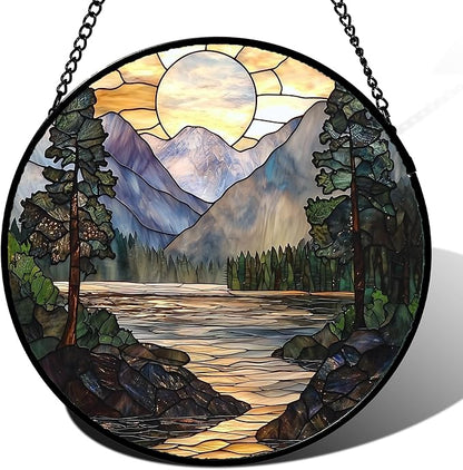 AMDERVEN Stained Glass Window Hanging, Sunset Mountains Lake Tree Sun Catcher for Window Home Decor Landscape Suncatcher Mother's Day Birthday Gifts for Women Men Mom and Nana 7.8 in