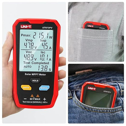 UNI-T UT673PV Solar Panel Tester, Solar MPPT Meter, 800W Photovoltaic Module Maximum Power Tester, Intelligent Manual/Auto MPPT Test, Large LCD and Multiple Result Displays
