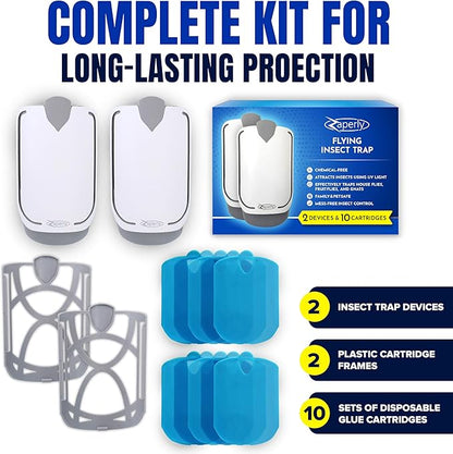 Zaperly 2 Fruit Fly Traps & 10 Adhesive Cartridges, Indoor Plug-in Bug Catcher, UV Light Fly Trap Captures Fruit Flies, Gnats, Houseflies, Moths, and Flying Insects for Kitchen, Bathroom, Plant Areas