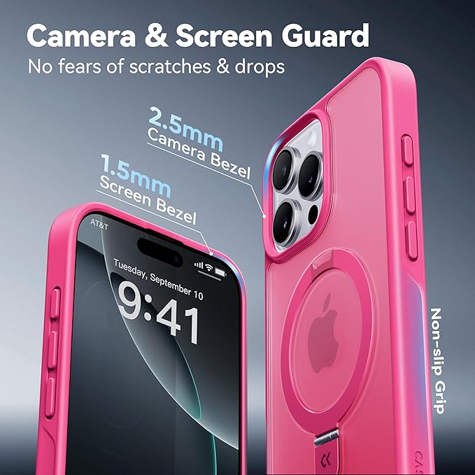 CASEKOO Designed for iPhone 14 Pro Max Case with Magnetic Invisible Stand [Military Drop Protection] [Compatible with MagSafe] Shockproof Slim Translucent Matte Promax Case 6.7 Inch, Hot Pink