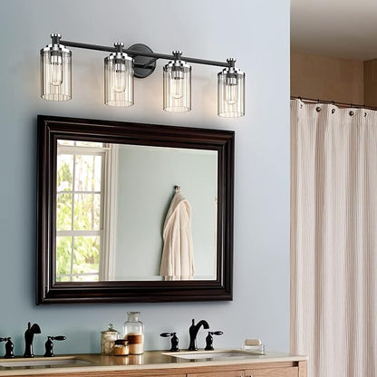PHIXART Bathroom Lighting Fixtures Black and Chrome Bathroom Vanity Light with Cylindrical Clear Stripes Glass Lampshade E26 Socket Base Bathroom Lighting Fixtures Over Mirror (4 Lights)