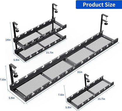 SRJZMLY 31Inch Extendable Under Desk Cable Management Tray Multi-Model Metal Cable Management Tray Under Desk Cord Management with Clamp Power Strip Cord Holder for Wire Cable Management, Black