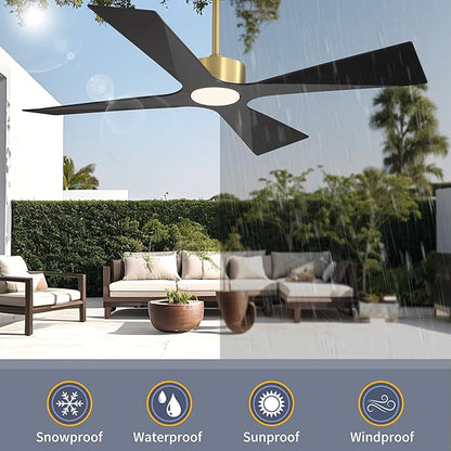 WINGBO 64" Wet Rated Outdoor Ceiling Fan with Lights, 4 ABS Plastic Blades, Reversible DC Motor, 6-Speed Remote Control, 3 CCT, Waterproof Ceiling Fan for Patio Porch Gazebo Garage, Brass and Black