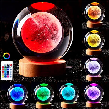3D Moon Crystal Ball Lamp,3.15 inch Crystal Ball Night Light with Wooden Base,16 Colors Changing Light,Dimmable Remote Control,Desk lamp (F)