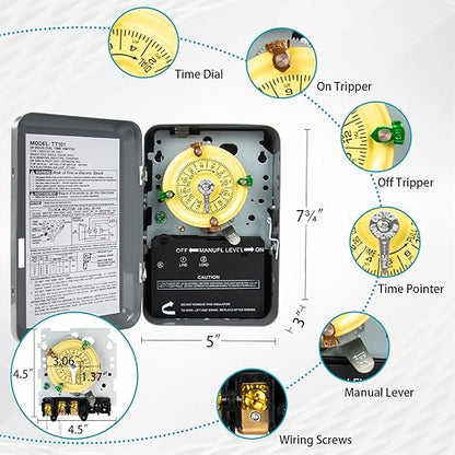 T101 Mechanical Timer Switch, 120V 40A SPST, 2HP for Outdoor Light Timer, Water Heater, HVAC & Pool Pump – 12 ON/Off Cycles, Manual Override, Trippers Included – Ideal for All Uses