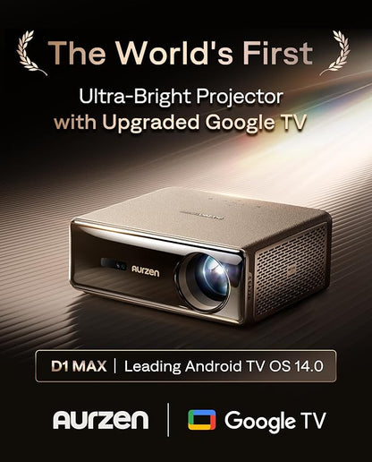 Aurzen EAZZE D1 MAX Upgraded Google TV Smart Projector 4K Supported, Ultra-Bright 1000 ANSI Lumens, MEMC Tech, Fully Automatics, 20W DoIby Audio, Home Theater Movie Projector with WiFi and Bluetooth