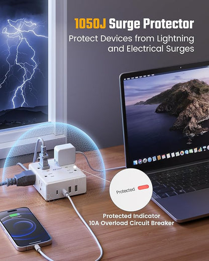 15Ft Long Extension Cord, Surge Protector Power Strip with 8 Outlets & 4 USB Ports (2 USB C), Flat Plug Power Strip Wall Mountable, Desk Charging Station for Home Office, College Dorm Room Essentials