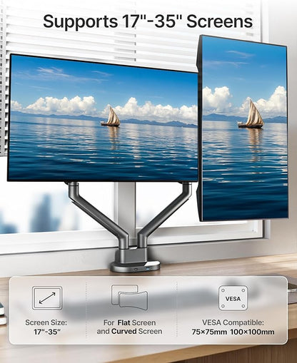 monTEK Dual Monitor Stand Mount with USB for Up to 35" Screens, Each Arm Holds Max 24.3lbs, Full Motion Adjustable Monitor Arm Desk Mount with C-Clamp/Grommet, VESA 75/100mm, Space Gray, MA1010UCDG-D