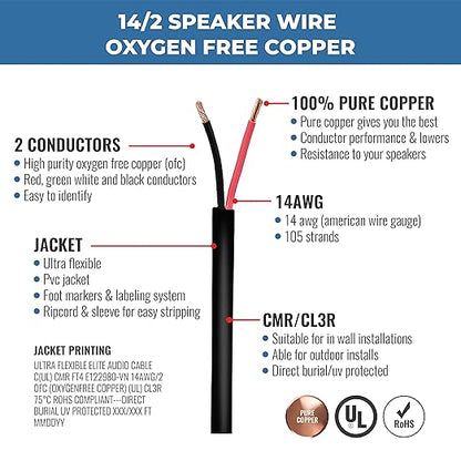 Elite 14/2 Speaker Wire 100ft, UL Listed, CMR/CL3R, (Riser/In-Wall & Outdoor/In-Ground (Direct Burial)- 100% Oxygen Free Pure Bare Copper (OFC), 14AWG/2-Conductor, 100ft Bulk Cable (105 strands) Black