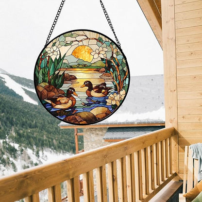 AMDERVEN Stained Glass Window Hanging, Ducks in The Pond Sun Catcher for Door Home Decor Landscape Plant Suncatcher Christmas Mother's Day Birthday Gifts for Women Men Mom Nana 7.8 in
