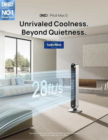 DREO Tower Fan for Bedroom, 42 Inch 120° Oscillating Fan, 25dB Quiet DC Motor, 28ft/s Velocity Bladeless Standing Fan with 12 Speeds, 4 Modes, 12H Timer Cooling Fans for Home, Living Room, Pilot Max S