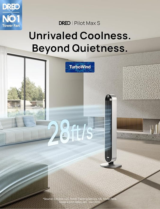 DREO Tower Fan for Bedroom, 42 Inch 120° Oscillating Fan, 25dB Quiet DC Motor, 28ft/s Velocity Bladeless Standing Fan with 12 Speeds, 4 Modes, 12H Timer Cooling Fans for Home, Living Room, Pilot Max S
