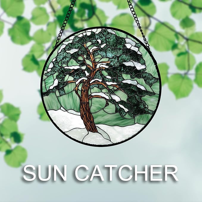 AMDERVEN Stained Glass Window Hanging 4 Pcs Set Forest Green Trees Winter Snow Large 11.8" - Suncatcher Door Garden Sun Catcher Home Decor Birthday Mother's Day for Woman Nana Mom Men