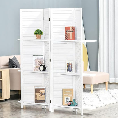 HOMCOM Room Divider, 4 Panel 67" Tall Wood Privacy Screen with 3 Display Shelves, and Folding Storage for Bedroom or Home Office, White
