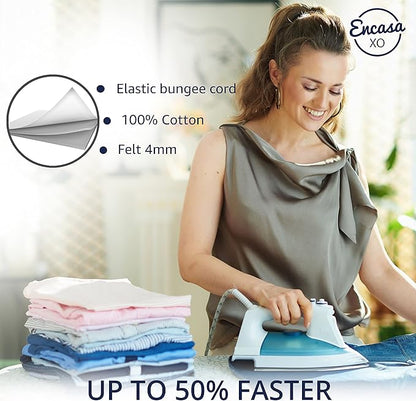 Encasa XO Ironing Board Cover and Pad 49"x18" - 4mm Felt Wide Iron Board Cover with Padding - Heat Resistant, Stain-Safe Dye, Non Slip Elastic Bungee Cord Tightening Iron Table Cover White