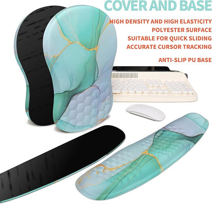 KUOSGM 2-in-1 Ergonomic Set, Wave Rise Keyboard Wrist Rest and Massage Bulge Slope Mouse Pad Wrist Support, Cushion Memory Foam Integrated to Relieve Wrist Pain, Blue Gold Marble