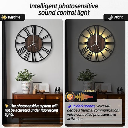 LEIKE Large Wall Clocks with Night Light Battery Operated,Silent Non Ticking,Rustic Modern Big Wood Clock for Living Room, Bedroom,Kitchen,Farmhouse,Office,Home Decor-24 Inch(Roman Numerals)