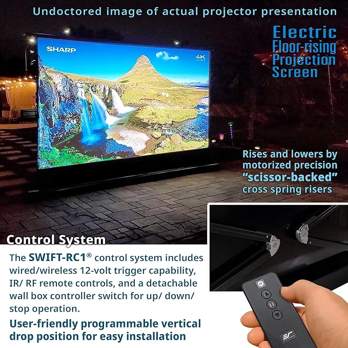 EliteProjector Screens Kestrel Tab-Tension 3 CineWhite, 183" Diag., 16:9 Aspect Ratio, ISF Certified 4K/8K Ultra HD Electric Floor-Rising Motorized Tab-Tensioned Front Projector Screen, FTE183H3