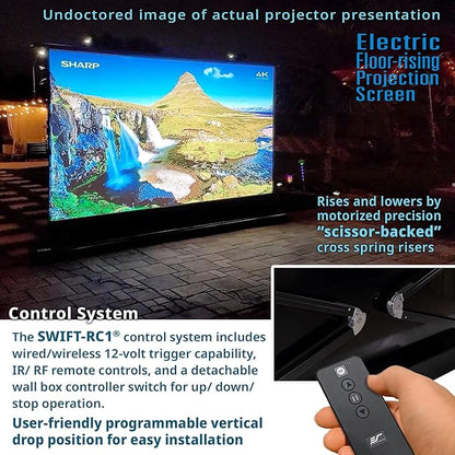 Elite Screens Kestrel Tab-Tension 3 CineWhite, 122 inch 16:9 Aspect Ratio, ISF Certified, Electric Floor-Rising Motorized Tab-Tensioned Front Projector Screen, Programmed Remote Kit, FTE122H3
