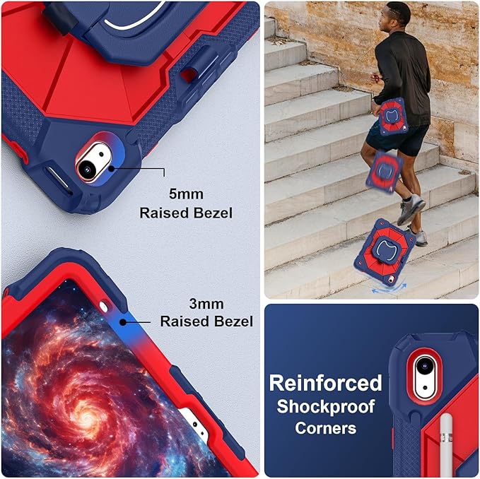 Case for iPad (A16) 11th Generation 11 Inch (2025), iPad 10th Generation Case 10.9 Inch (2022), Shockproof Cover with 360° Rotating Stand Screen Protector Pen Holder Shoulder Strap, Navy Red