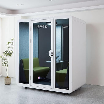 GEARONIC Mobile Office Pod Booth, Sound Proof Office Pod Booth with Mobile Roller, Larger Space for 2-4 People, LED Lighting System,Fans and AC USB Ports（White-Grey）