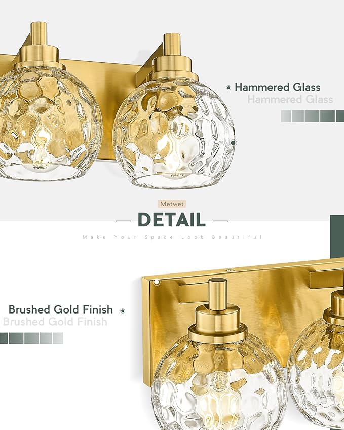 METWET Bathroom Light Fixtures Over Mirror, 3-Light Brushed Gold Vanity Light with Clear Hammered Glass Globe Shade, Modern Sconces Wall Lighting Bedroom Hallway, VL200-BG-3