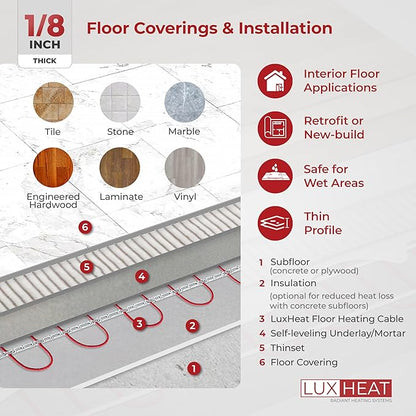 LuxHeat 40sqft Floor Heating Cable Kit - 240v Electric Heating Floor System - Heated Flooring System Includes UDG4 Programmable Thermostat w/GFCI, Heater Cable, Strapping, Flooring Sensor & Alarm