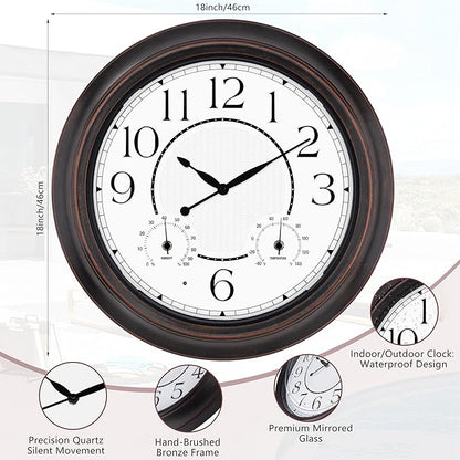 Koosome Outdoor Clocks Waterproof 18 Inch, Large Wall Clock with Thermometer & Hygrometer, Illuminated Battery Operated Clock with Smart Sensor for Patio, Pool, Garden, Porch, Living Room