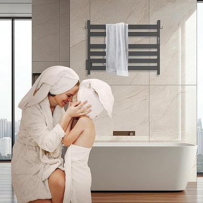 K&KALONZO Towel Warmer for Bathroom, Wall-Mounted 6-Bar Heated Towel Rack with Built-in Timer, Waterproof Electric Towel Heater, Support Plug-in and Hardwired, Matte Black, EL18M