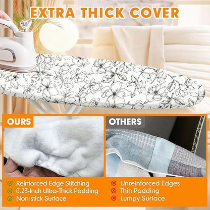 Ironing Board Cover and Pad, 18x49 Extra Wide Thick Iron Padding, Scorch & Stain Resistant Ironing board cover, Heavy Duty Iron Board Padded with Adjustable Fasteners Elastic Edge, Floral White