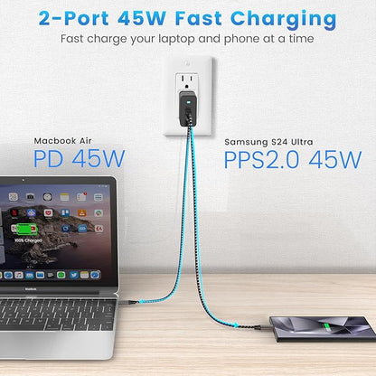 2Port 45W Super Fast Charger Type C, 2Pack 45W USB-C Charger Android Phone Charger Fast Charging for Samsung Galaxy S25 Ultra/S25+/S24/S24 Ultra/S23+/S22/S20/Note10+/Tab S9 with 2X 8ft Type C Cord