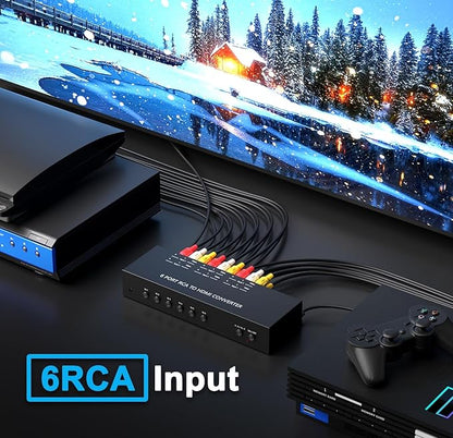 RuiPuo 6Port AV to HDMI Converter RCA/Composite/CVBS Adapter Support 16:9/4:3 Switch for Wii/N64/PS1/PS2/PS3/VHS/VCR/DVD Players etc (6Port RCA in to 1 HDMI Converter with IR Remote)