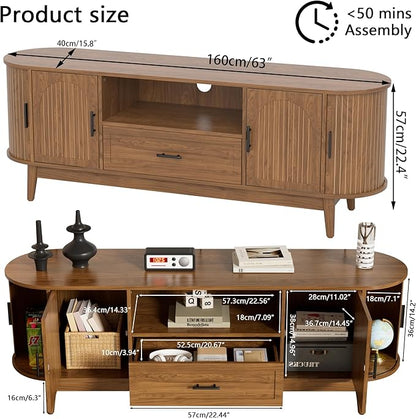 Mxtxmy 63" Fluted TV Stand for Tvs up to 70", Mid-Century Modern Entertainment Center with Drawers and Fluted Doors, Curved TV Media Console Table with Sliding Doors for Living Room, Bedroom (63")