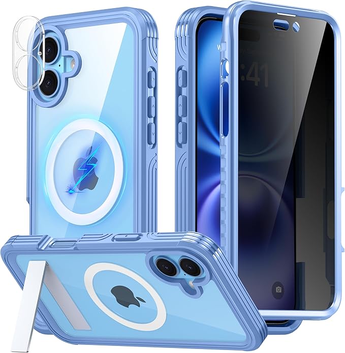 360° Protection Magnetic for iPhone 16 Case Built-in 9H Privacy Screen Protector & Metal Stand[Fit for Magsafe][Anti-Spy][Lens Protector] Heavy Duty Shockproof Phone Case for iPhone 16(Blue)