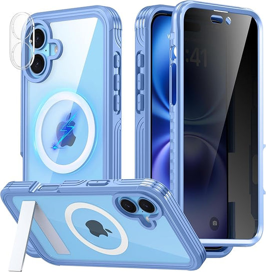 360° Protection Magnetic for iPhone 16 Case Built-in 9H Privacy Screen Protector & Metal Stand[Fit for Magsafe][Anti-Spy][Lens Protector] Heavy Duty Shockproof Phone Case for iPhone 16(Blue)