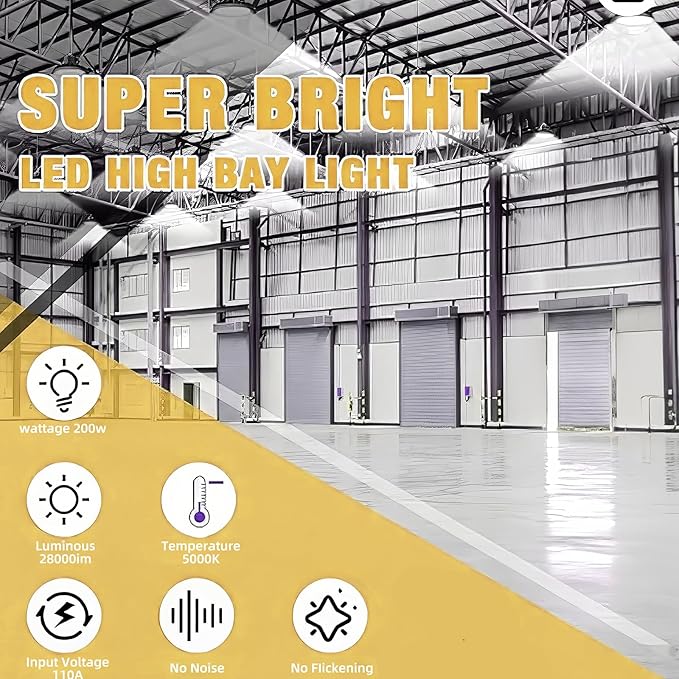 SOUTHLEVY 2 Pack UFO 200W LED High Bay Light, 5000K,28,000LM, 5 ft Cable with US Plug UL Certified Plug, IP65 Commercial Warehouse Area Light for Wet Location Area, Workshop, Garage