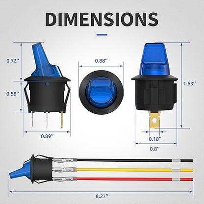 DaierTek Lighted Rocker Toggle Switch UL Listed 12V 20A ON/Off 3 Pin Round LED Illuminated Mini Toggle Switch SPST Switch for Automotive Car Marine Boat -8pcs