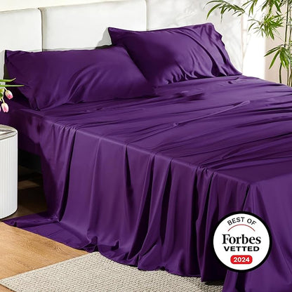 Bedsure California King Sheet Sets, Cooling Sheets for Hot Sleepers, Rayon Derived from Bamboo, Breathable & Soft, Deep Pocket Up to 16 Inches, Hotel Luxury Silky Bedding, Plum